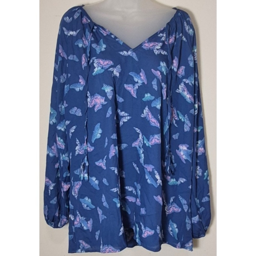 Daisy Fuentes women's blue butterfly print pullover top XL V-neck boho tunic‎